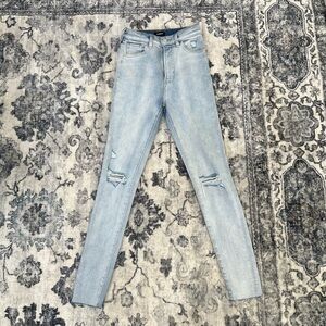 Express Blue Skinny Jeans with Distressed Details